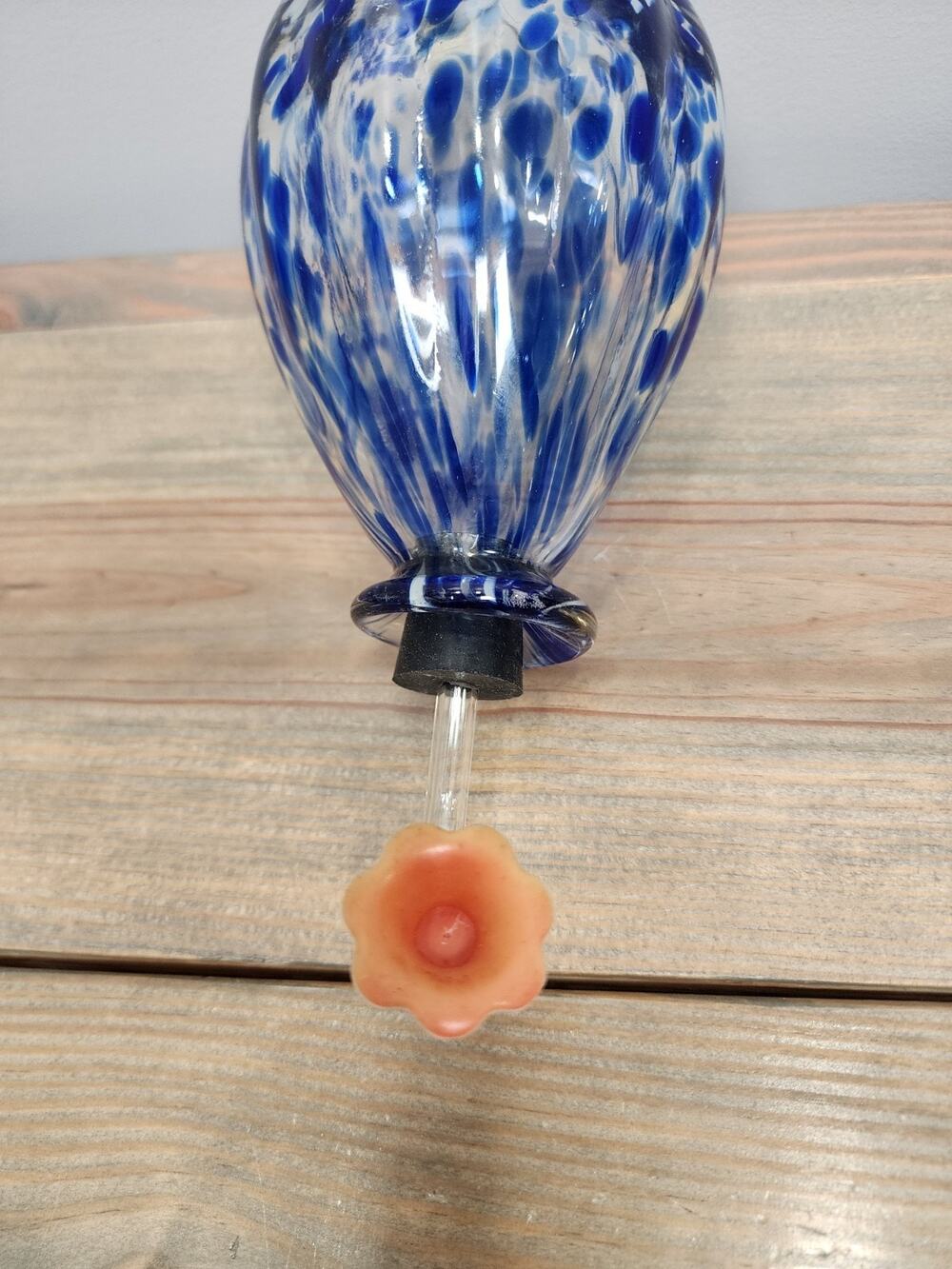Hand Blown Glass Hummingbird Feeder Blue White Art Glass Round Feeder